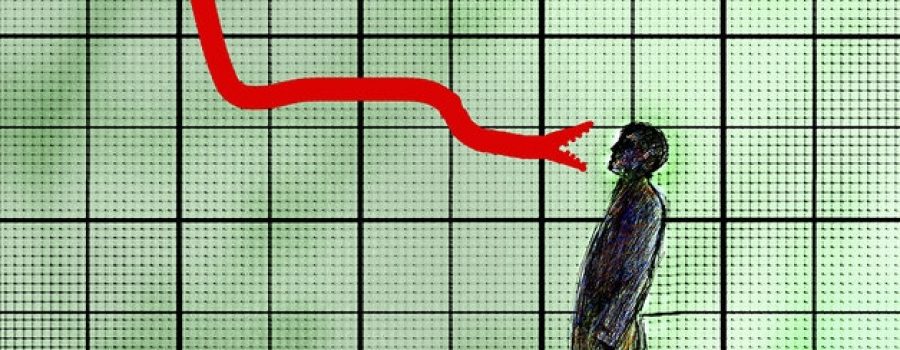 Man facing threatening snake on descending graph