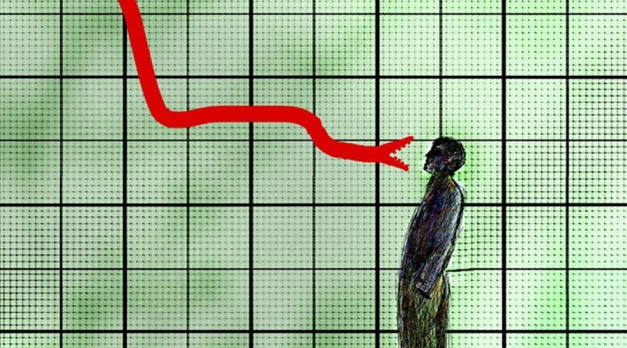 Man facing threatening snake on descending graph